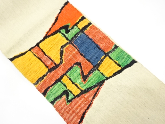 アンティーク　手織り真綿紬　抽象模様織り出し名古屋帯